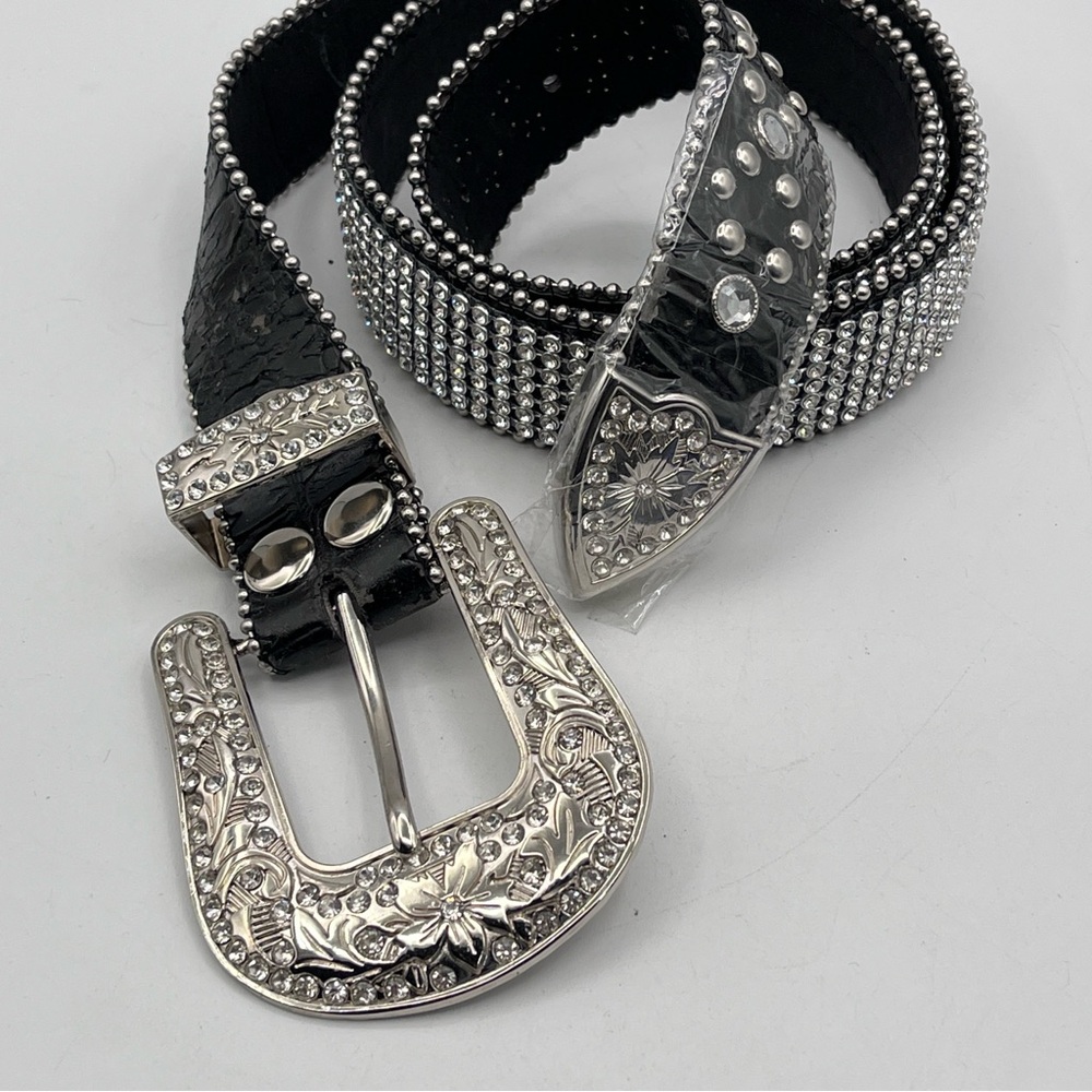 Genuine Black Leather Rhinestone Studded Belt Women's XL